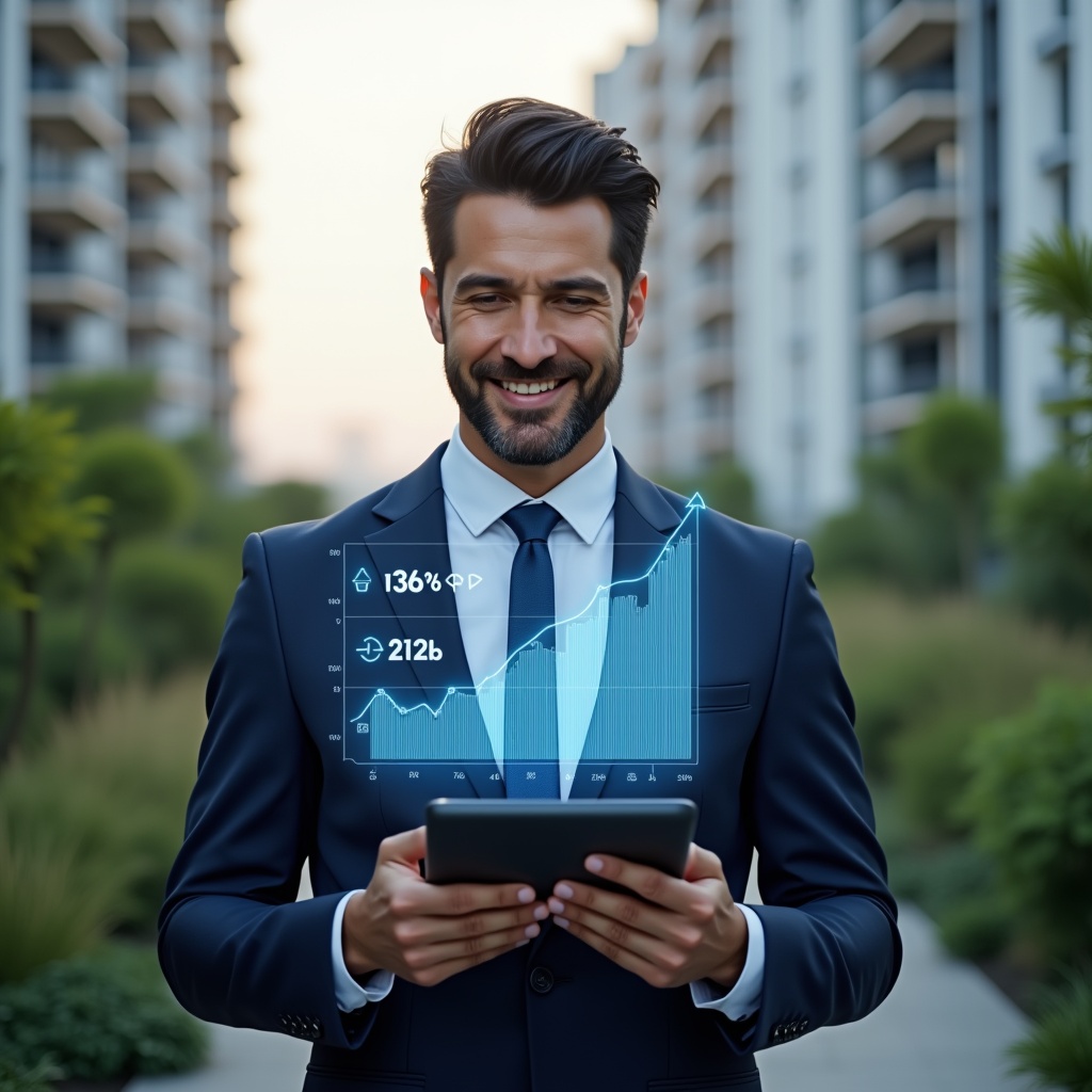 (Ultra-realistic condominium manager in a navy executive suit, set in a modern luxury condominium environment with high-rise buildings and lush green landscaping, holding a digital tablet displaying holographic financial charts with downward-trend arrows and cost-reduction icons, confident and focused expression, cinematic lighting, shallow depth of field, highly detailed textures, realistic skin, photographic realism, 8k resolution --ar 1:1 --v 6)