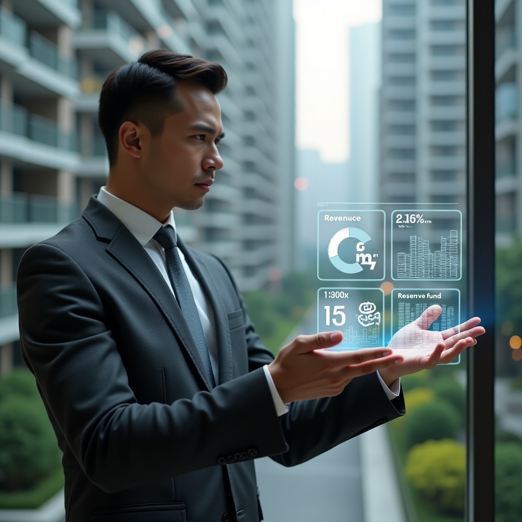 (Ultra-realistic condominium manager in a charcoal gray suit, set in a modern luxury condominium environment with high-rise buildings and green landscaping, analyzing holographic financial charts displaying six performance indicators, confident and focused expression, floating icons of revenue, expenses, cash flow and reserve fund, cinematic lighting, shallow depth of field, highly detailed textures, realistic skin, photographic realism, 8k resolution --ar 1:1 --v 6)