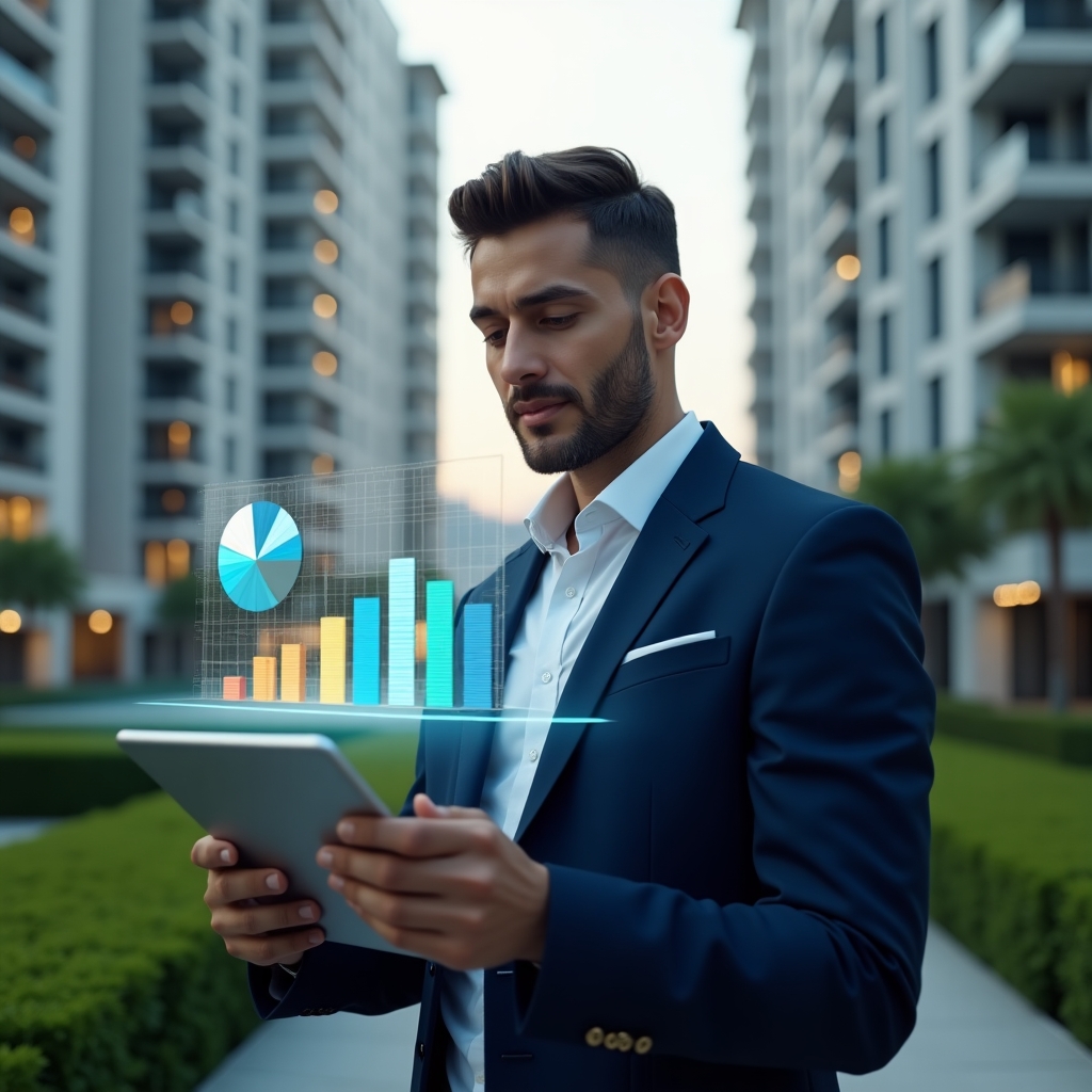Ultra-realistic condominium manager in a navy blue suit, set in a modern luxury condominium environment with high-rise buildings and lush green landscaping, examining a transparent holographic financial dashboard with dynamic bar and pie charts floating above a tablet, confident and focused expression, cinematic lighting, shallow depth of field, highly detailed textures, realistic skin, photographic realism, 8k resolution --ar 1:1 --v 6
