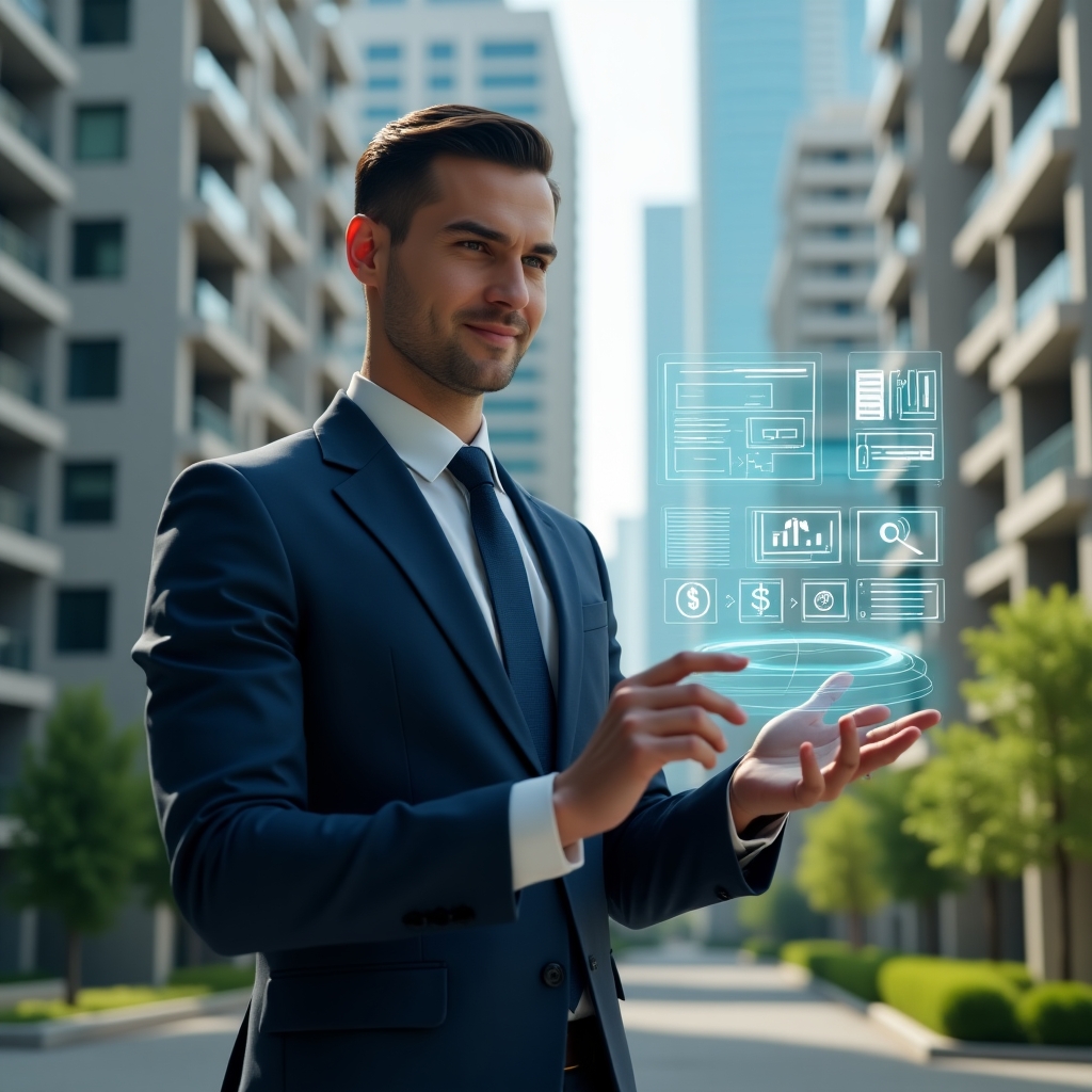 (Ultra-realistic condominium manager in a tailored navy suit, set in a modern luxury condominium environment with high-rise buildings and manicured green landscaping, confidently interacting with a floating holographic interface displaying payment charts, chat bubbles, maintenance schedules and notification icons, cinematic lighting, shallow depth of field, highly detailed textures, realistic skin, photographic realism, 8k resolution --ar 1:1 --v 6)