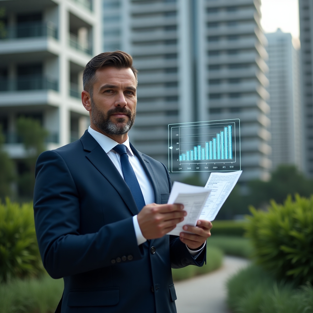 Ultra-realistic condominium manager in a tailored navy suit, set in a modern luxury condominium environment with high-rise buildings and well-maintained green landscaping, holding a holographic financial chart and digital receipts, analyzing with a confident and thoughtful expression, cinematic lighting, shallow depth of field, highly detailed textures, realistic skin, photographic realism, 8k resolution --ar 1:1 --v 6
