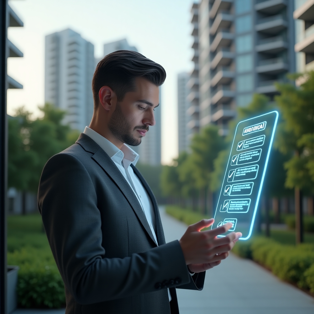 (Ultra-realistic condominium manager in a charcoal gray suit, set in a modern luxury condominium environment with high-rise buildings and manicured green landscaping, examining a floating holographic checklist of common implementation errors with a focused, thoughtful expression, a semi-transparent app interface icon glowing beside him symbolizing an innovative property management tool, cinematic lighting, shallow depth of field, highly detailed textures, realistic skin, photographic realism, 8k resolution --ar 1:1 --v 6)