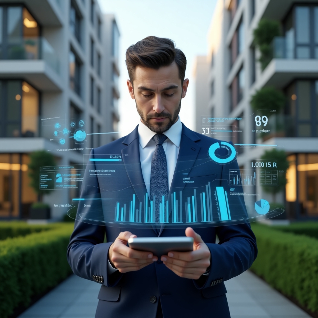 Ultra-realistic condominium manager in a navy blue tailored suit, set in a modern luxury condominium environment with high-rise buildings and manicured green landscaping, mid-shot of a confident professional analyzing a holographic financial report with floating bar graphs and pie charts, cinematic lighting, shallow depth of field, highly detailed textures, realistic skin, photographic realism, 8k resolution --ar 1:1 --v 6