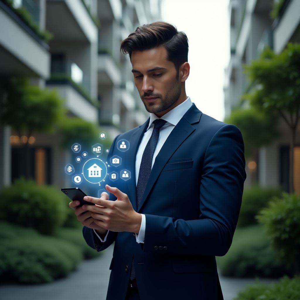 Ultra-realistic condominium manager in a navy blue suit, set in a modern luxury condominium environment with high-rise buildings and lush green landscaping, holding a smartphone displaying a holographic condominium management interface with floating icons for finances, calendar, security and communication, confident and focused expression, cinematic lighting, shallow depth of field, highly detailed textures, realistic skin, photographic realism, 8k resolution --ar 1:1 --v 6
