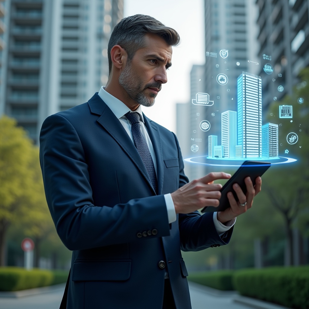 (Ultra-realistic condominium manager in a dark blue executive suit, set in a modern luxury condominium environment with high-rise buildings and lush green landscaping, interacting with a floating holographic interface showing building management metrics and smart condo icons, confident and focused expression, cinematic lighting, shallow depth of field, highly detailed textures, realistic skin, photographic realism, 8k resolution --ar 1:1 --v 6)