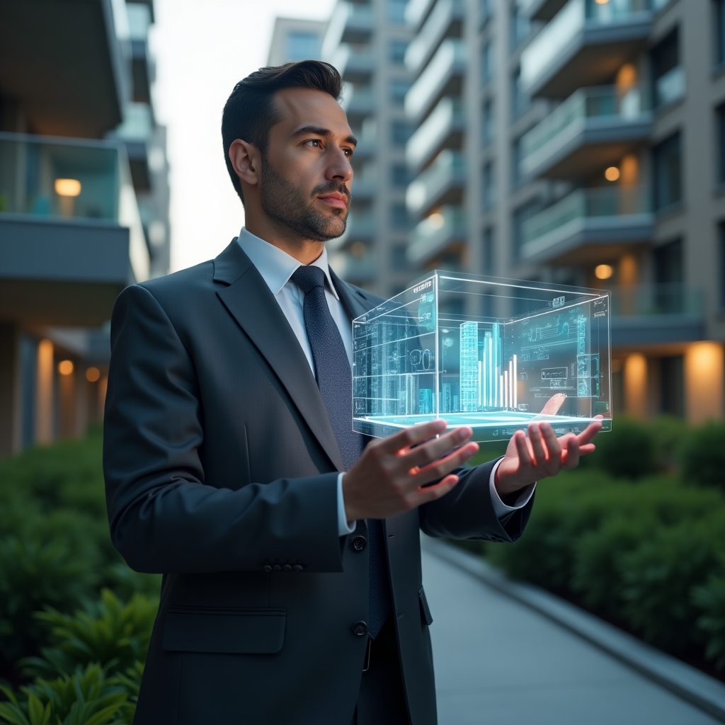 (Ultra-realistic condominium manager in a tailored dark gray suit, set in a modern luxury condominium environment with high-rise buildings and manicured green landscaping, close-up, confidently interacting with a holographic interface displaying digital charts, building layouts and automation icons, conveying efficiency and security, cinematic lighting, shallow depth of field, highly detailed textures, realistic skin, photographic realism, 8k resolution --ar 1:1 --v 6)
