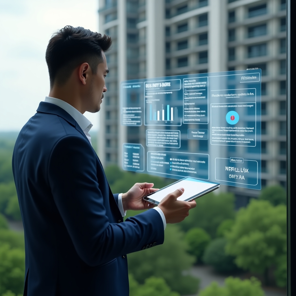 Ultra-realistic condominium manager in a navy blue suit, set in a modern luxury condominium environment with high-rise buildings and lush green landscaping, examining a floating holographic dashboard displaying real-time expense charts and resident messages, confident and focused expression, holographic icons of invoices and chat bubbles hovering beside them, cinematic lighting, shallow depth of field, highly detailed textures, realistic skin, photographic realism, 8k resolution --ar 1:1 --v 6