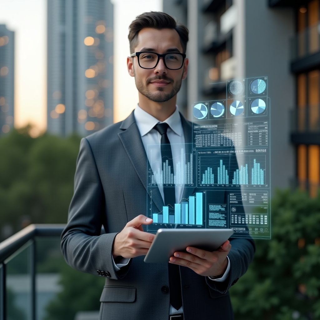 (Ultra-realistic condominium manager in a charcoal gray suit, set in a modern luxury condominium environment with high-rise buildings and green landscaping, holding a tablet displaying holographic financial charts and reports, analyzing expense data with a confident expression, floating icons of bar graphs and pie charts symbolizing automated expense tracking, cinematic lighting, shallow depth of field, highly detailed textures, realistic skin, photographic realism, 8k resolution --ar 1:1 --v 6)