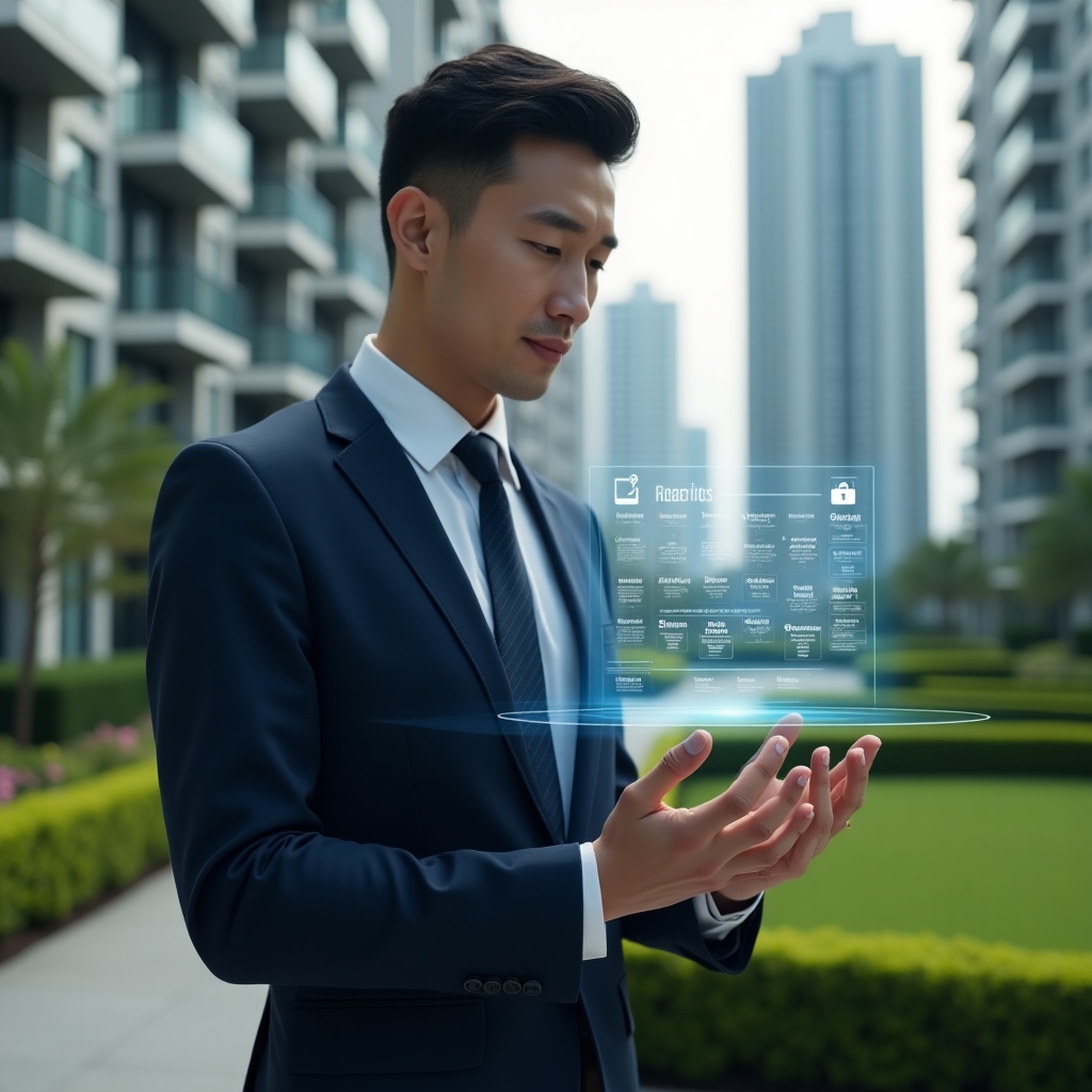 (Ultra-realistic condominium manager in a navy executive suit, set in a modern luxury condominium environment with high-rise buildings and manicured green landscaping, holding and interacting with a floating holographic activity schedule, displaying calendar icons and maintenance checkpoints, confident and focused expression, cinematic lighting, shallow depth of field, highly detailed textures, realistic skin, photographic realism, 8k resolution --ar 1:1 --v 6)