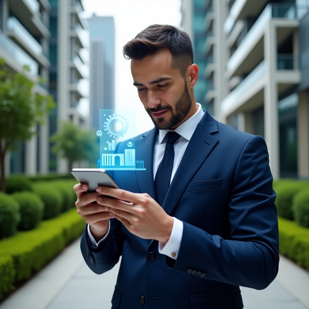 (Ultra-realistic condominium manager in a navy blue executive suit, set in a modern luxury condominium environment with high-rise buildings and manicured green landscaping, checking a smartphone displaying a holographic condominium management dashboard, confident and focused expression, a floating icon of a building and gear symbolizing the app’s features, cinematic lighting, shallow depth of field, highly detailed textures, realistic skin, photographic realism, 8k resolution --ar 1:1 --v 6)