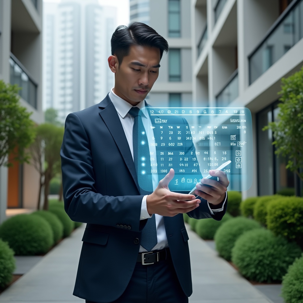 Ultra-realistic property manager in a tailored navy suit, holding a futuristic holographic calendar displaying a detailed maintenance schedule, set in a modern luxury condominium environment with high-rise buildings and lush green landscaping, medium shot focus on a confident professional analyzing the hologram, floating icons of cleaning tools, gardening shears and security symbols around the display, cinematic lighting, shallow depth of field, highly detailed textures, realistic skin, photographic realism, 8k resolution --ar 1:1 --v 6
