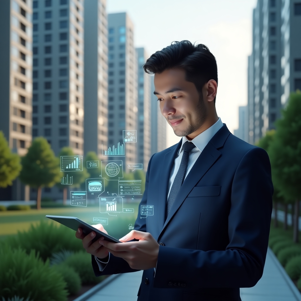 (Ultra-realistic condominium manager in a tailored navy suit, set in a modern luxury condominium environment with high-rise buildings and manicured green landscaping, holding a tablet displaying holographic financial charts and checklists, analyzing data with a focused, confident expression, floating holographic icons of bar graphs and planning symbols around, cinematic lighting, shallow depth of field, highly detailed textures, realistic skin, photographic realism, 8k resolution --ar 1:1 --v 6)