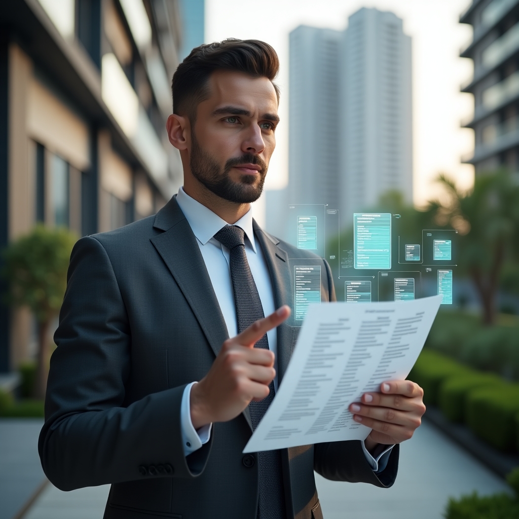 (Ultra-realistic condominium manager in a charcoal gray suit, set in a modern luxury condominium environment with high-rise buildings and manicured gardens, holding a transparent holographic financial report and pointing thoughtfully at floating expense charts, digital icons of receipts and balance sheets swirling around, confident and analytical expression, cinematic lighting, shallow depth of field, highly detailed textures, realistic skin, photographic realism, 8k resolution --ar 1:1 --v 6)