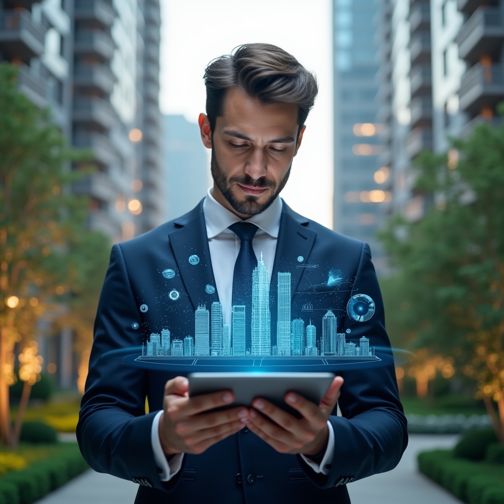 Ultra-realistic condominium manager in a navy blue tailored suit, set in a modern luxury condominium environment with high-rise buildings and lush green landscaping, holding a tablet and interacting with floating holographic graphs and building icons that represent streamlined processes, confident and focused expression, cinematic lighting, shallow depth of field, highly detailed textures, realistic skin, photographic realism, 8k resolution --ar 1:1 --v 6