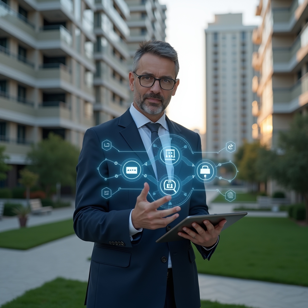 (Ultra-realistic property manager in a navy executive suit, set in a modern luxury condominium environment with high-rise buildings and manicured green landscaping, holding a tablet displaying floating holographic icons for communication, finance, and security, confident expression while gesturing toward the holograms, cinematic lighting, shallow depth of field, highly detailed textures, realistic skin, photographic realism, 8k resolution --ar 1:1 --v 6)