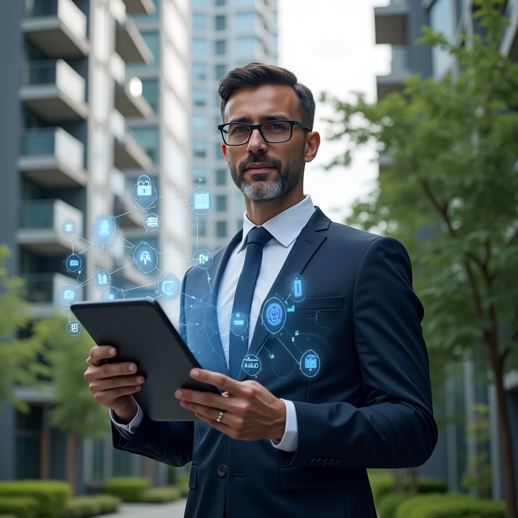 Ultra-realistic condominium manager in a tailored navy suit, set in a modern luxury condominium environment with high-rise buildings and lush green landscaping, confidently holding a holographic tablet displaying a digital condo management dashboard, surrounded by floating icons for security, finance, and communication, cinematic lighting, shallow depth of field, highly detailed textures, realistic skin, photographic realism, 8k resolution --ar 1:1 --v 6