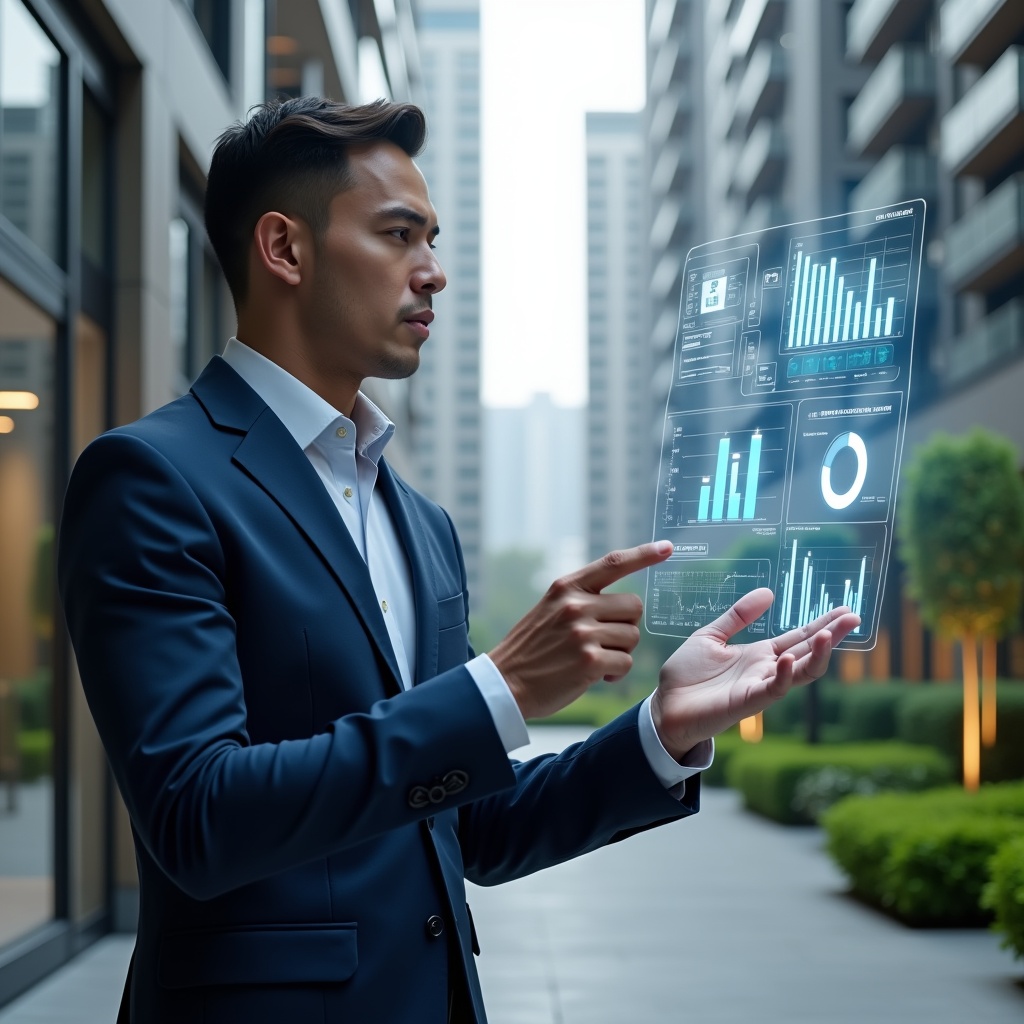 Ultra-realistic condominium manager in a navy blue business suit, set in a modern luxury condominium environment with high-rise buildings and manicured green landscaping, confidently analyzing a floating holographic financial dashboard displaying real-time charts and transparency icons, cinematic lighting, shallow depth of field, highly detailed textures, realistic skin, photographic realism, 8k resolution --ar 1:1 --v 6