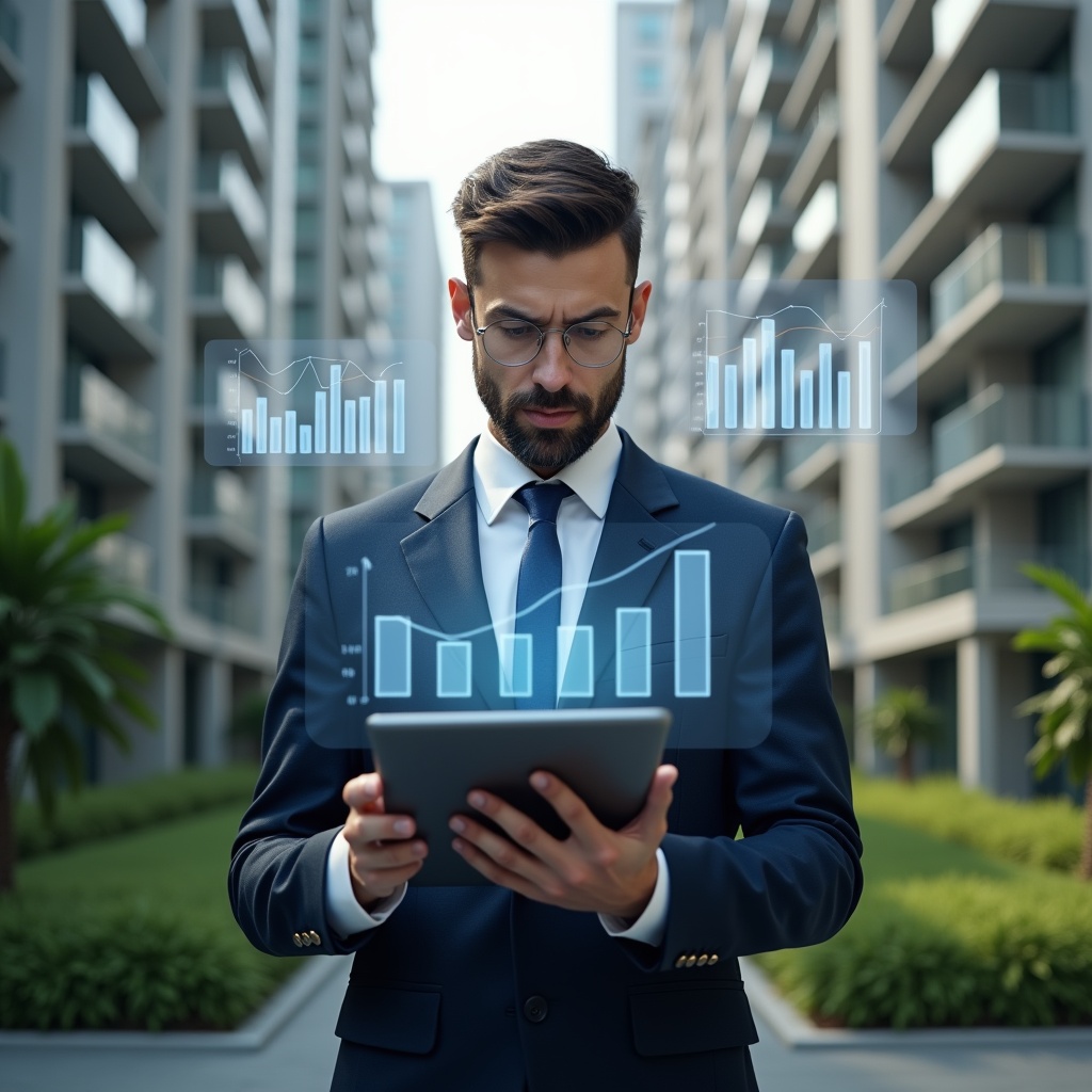 (Ultra-realistic condominium manager in a tailored navy suit, set in a modern luxury condominium environment with high-rise buildings and lush green landscaping, holding a digital tablet and reviewing floating holographic financial charts representing transparent accounts, confident expression, cinematic lighting, shallow depth of field, highly detailed textures, realistic skin, photographic realism, 8k resolution --ar 1:1 --v 6)