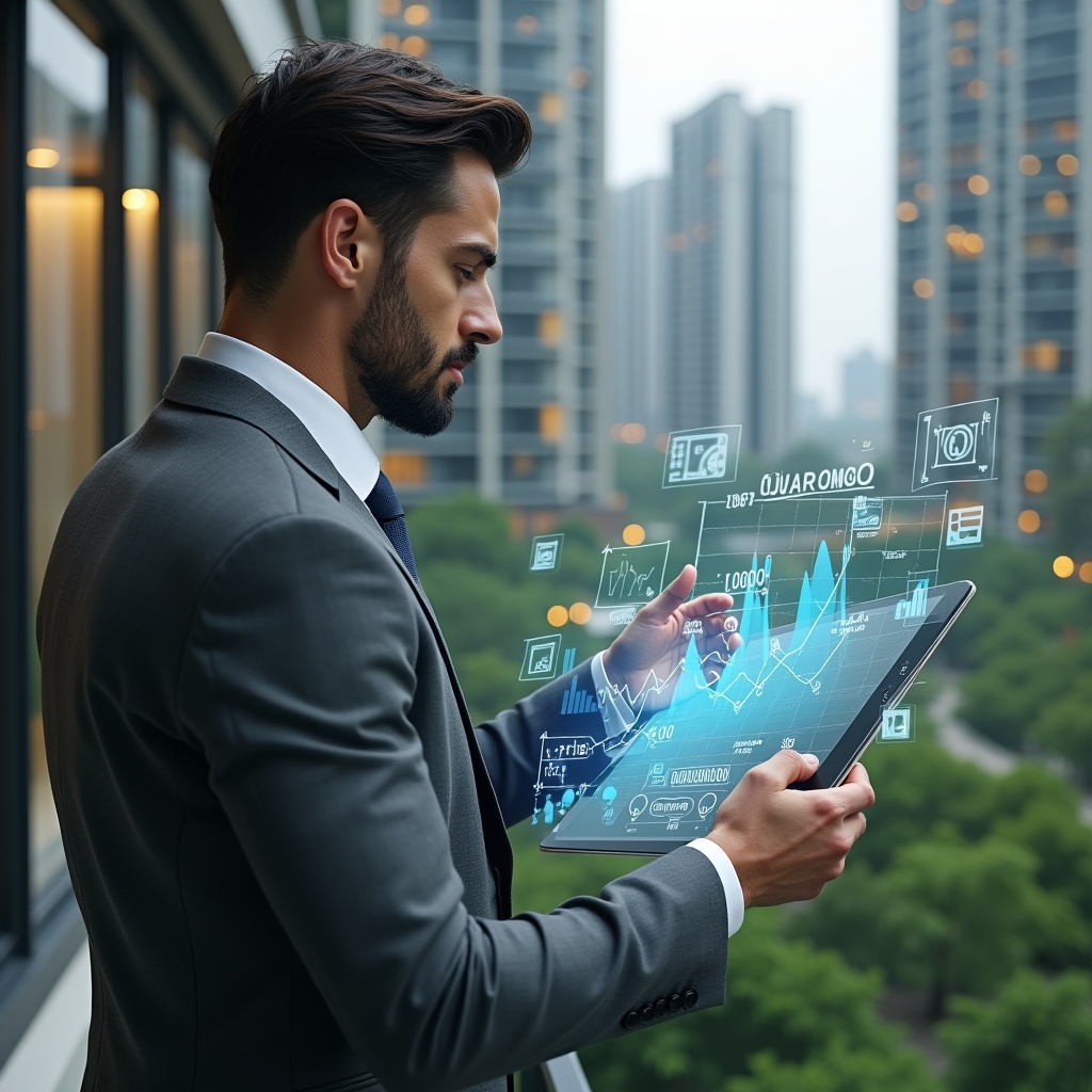 Ultra-realistic condominium manager in a charcoal gray suit, set in a modern luxury condominium environment with high-rise buildings and lush green landscaping, holding and examining a holographic budget chart displaying expense spikes and savings projections, digital icons of coins and graph lines floating around, cinematic lighting, shallow depth of field, highly detailed textures, realistic skin, photographic realism, 8k resolution --ar 1:1 --v 6
