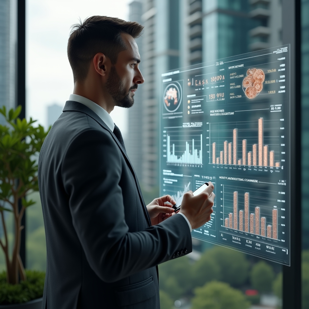 Ultra-realistic condominium manager in a charcoal gray executive suit, set in a modern luxury condominium environment with high-rise buildings and meticulously landscaped gardens, confidently analyzing a holographic financial dashboard displaying budget charts, bar graphs and coin icons, cinematic lighting, shallow depth of field, highly detailed textures, realistic skin, photographic realism, 8k resolution --ar 1:1 --v 6