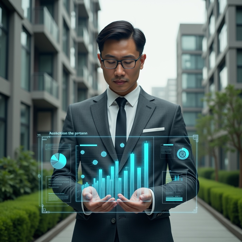 (Ultra-realistic condominium manager in a charcoal gray suit, set in a modern luxury condominium environment with high-rise buildings and lush green landscaping, examining a transparent holographic financial dashboard displaying expense charts and budget graphs, with floating icons of coins and pie charts around, confident and focused expression, cinematic lighting, shallow depth of field, highly detailed textures, realistic skin, photographic realism, 8k resolution --ar 1:1 --v 6)