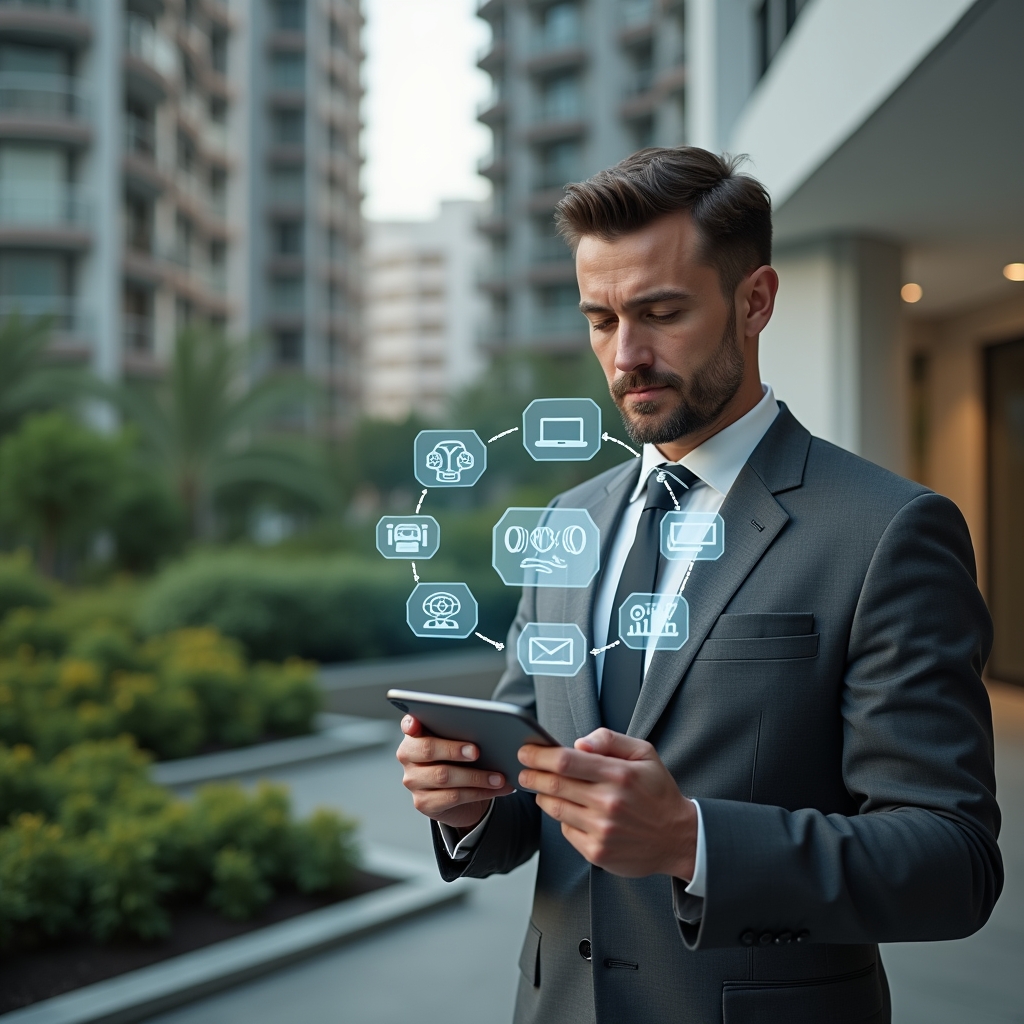 Ultra-realistic condominium manager in a charcoal gray executive suit, set in a modern luxury condominium environment with high-rise buildings and meticulously landscaped gardens, interacting with a holographic app interface displaying icons for finance, reservations and internal messaging, confident and focused expression, cinematic lighting, shallow depth of field, highly detailed textures, realistic skin, photographic realism, 8k resolution --ar 1:1 --v 6