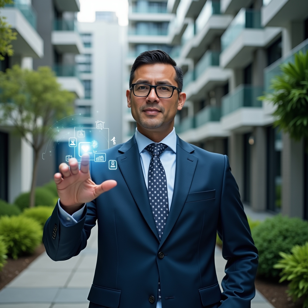 (Ultra-realistic condominium manager in a navy blue tailored suit, set in a modern luxury condominium environment with high-rise buildings and manicured green gardens, interacting with a floating holographic interface displaying icons for communication, financial reports, maintenance schedules and visitor access, confident and focused expression, cinematic lighting, shallow depth of field, highly detailed textures, realistic skin, photographic realism, 8k resolution --ar 1:1 --v 6)