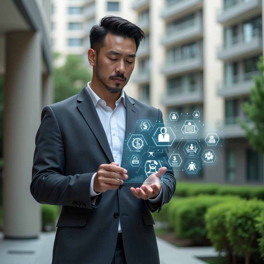 (Ultra-realistic condominium manager in a charcoal gray tailored suit, set in a modern luxury condominium environment with high-rise buildings and manicured green landscaping, holding and interacting with a transparent holographic interface displaying icons for communication, finance charts, visitor access, and maintenance alerts, confident and focused expression, cinematic lighting, shallow depth of field, highly detailed textures, realistic skin, photographic realism, 8k resolution --ar 1:1 --v 6)