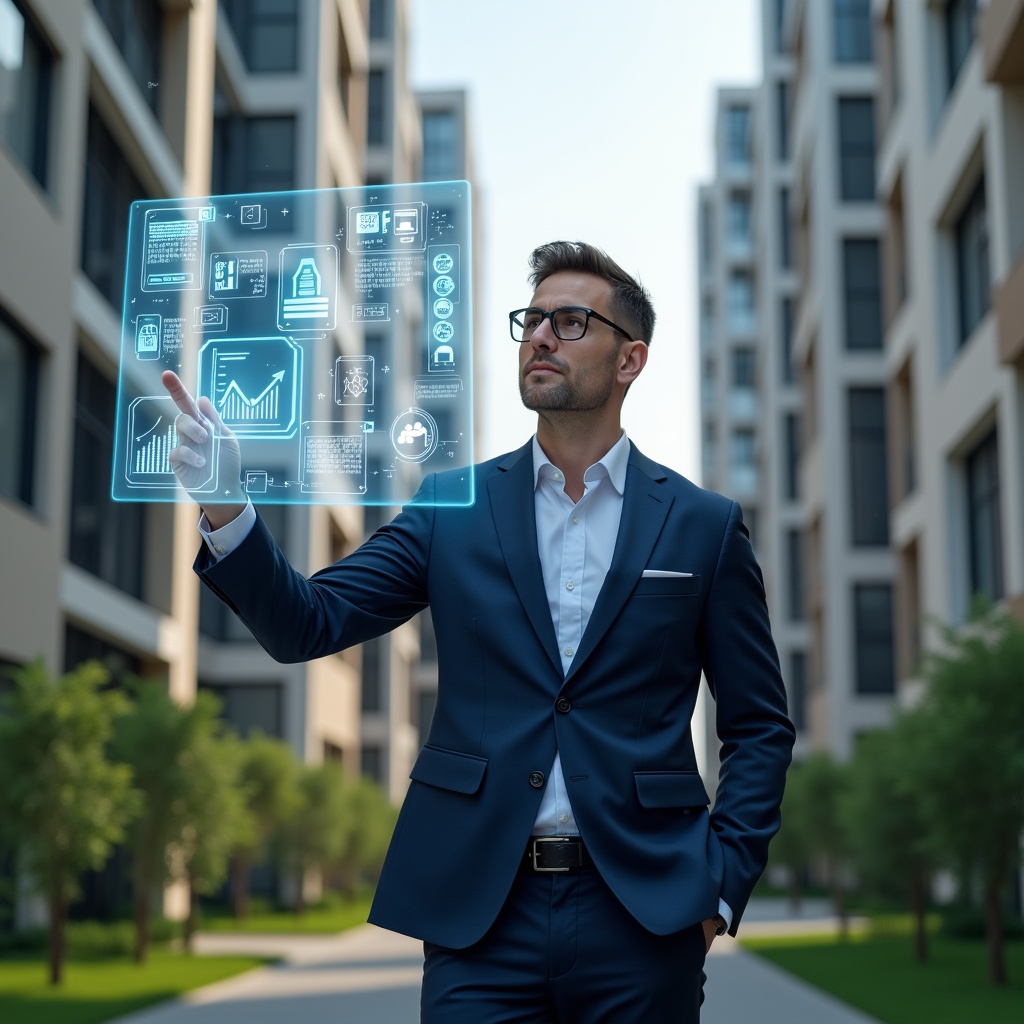 (Ultra-realistic condominium manager in a navy blue suit, set in a modern luxury condominium environment with high-rise buildings and manicured green landscaping, interacting with a holographic interface of app features—icons for finance, communication, reservations, security, maintenance and analytics—confident expression, cinematic lighting, shallow depth of field, highly detailed textures, realistic skin, photographic realism, 8k resolution --ar 1:1 --v 6)