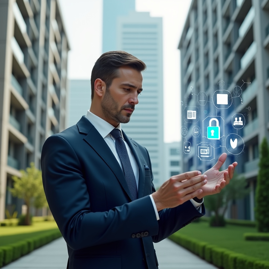 Ultra-realistic property manager in a navy tailored suit, set in a modern luxury condominium environment with high-rise buildings and manicured green landscaping, interacting with a floating holographic interface displaying chat bubbles, security lock icons, financial charts and calendar widgets, confident expression, cinematic lighting, shallow depth of field, highly detailed textures, realistic skin, photographic realism, 8k resolution --ar 1:1 --v 6