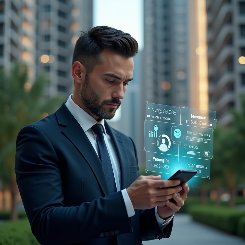 (Ultra-realistic condominium manager in a dark navy suit, set in a modern luxury condominium environment with high-rise buildings and lush green landscaping, analyzing a holographic smartphone interface displaying financial charts, booking icons, security alerts and community messages, thematic holographic UI elements floating around, confident and focused expression, cinematic lighting, shallow depth of field, highly detailed textures, realistic skin, photographic realism, 8k resolution --ar 1:1 --v 6)