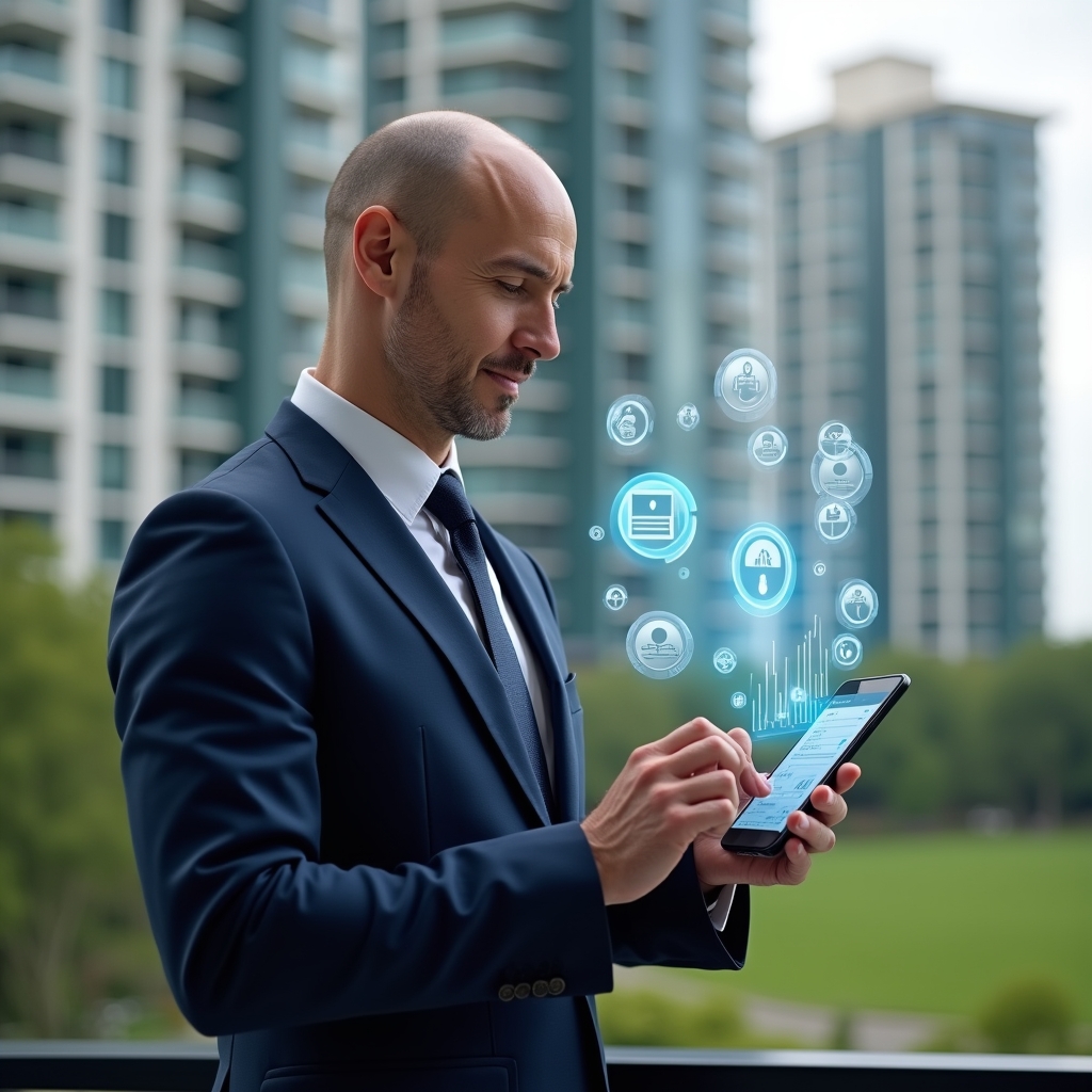 Ultra-realistic property manager in a navy tailored suit, set in a modern luxury condominium environment with high-rise buildings and green landscaping, standing in a mid shot holding a smartphone displaying floating holographic icons of visitor access, space booking, security alert and financial charts to represent 10 essential functions of a condominium management app, confident expression, cinematic lighting, shallow depth of field, highly detailed textures, realistic skin, photographic realism, 8k resolution --ar 1:1 --v 6
