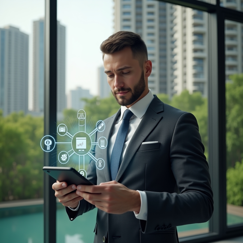 Ultra-realistic condominium manager in a dark gray executive suit, set in a modern luxury condominium environment with high-rise buildings and lush green landscaping, confidently interacting with a holographic smartphone interface displaying floating icons for finances, reservations, maintenance, access control and analytics, cinematic lighting, shallow depth of field, highly detailed textures, realistic skin, photographic realism, 8k resolution --ar 1:1 --v 6
