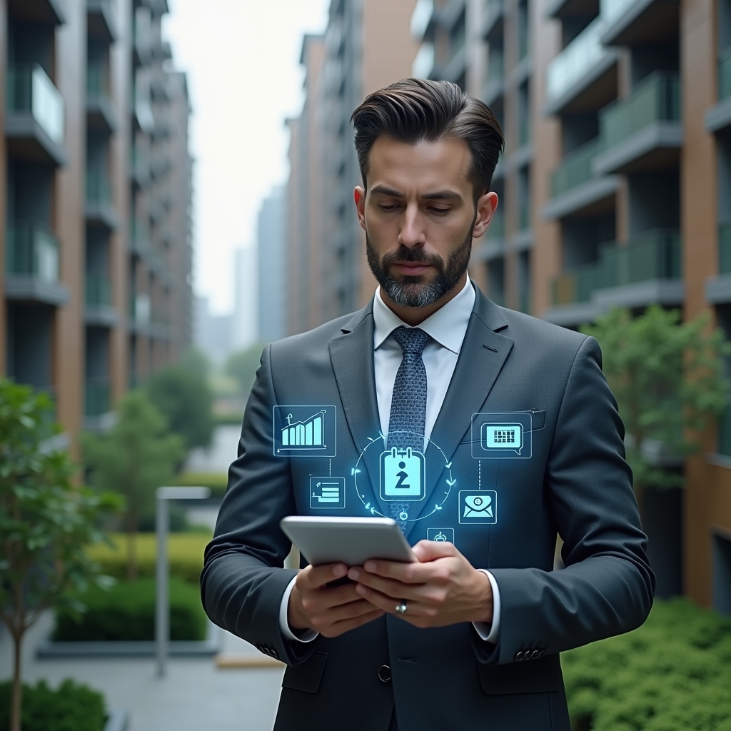 Ultra-realistic condominium manager in a charcoal gray executive suit, set in a modern luxury condominium environment with high-rise buildings and lush green landscaping, holding a digital tablet with floating holographic icons representing financial reports, visitor access, reservation calendars, and instant messaging, confidently analyzing data, cinematic lighting, shallow depth of field, highly detailed textures, realistic skin, photographic realism, 8k resolution --ar 1:1 --v 6