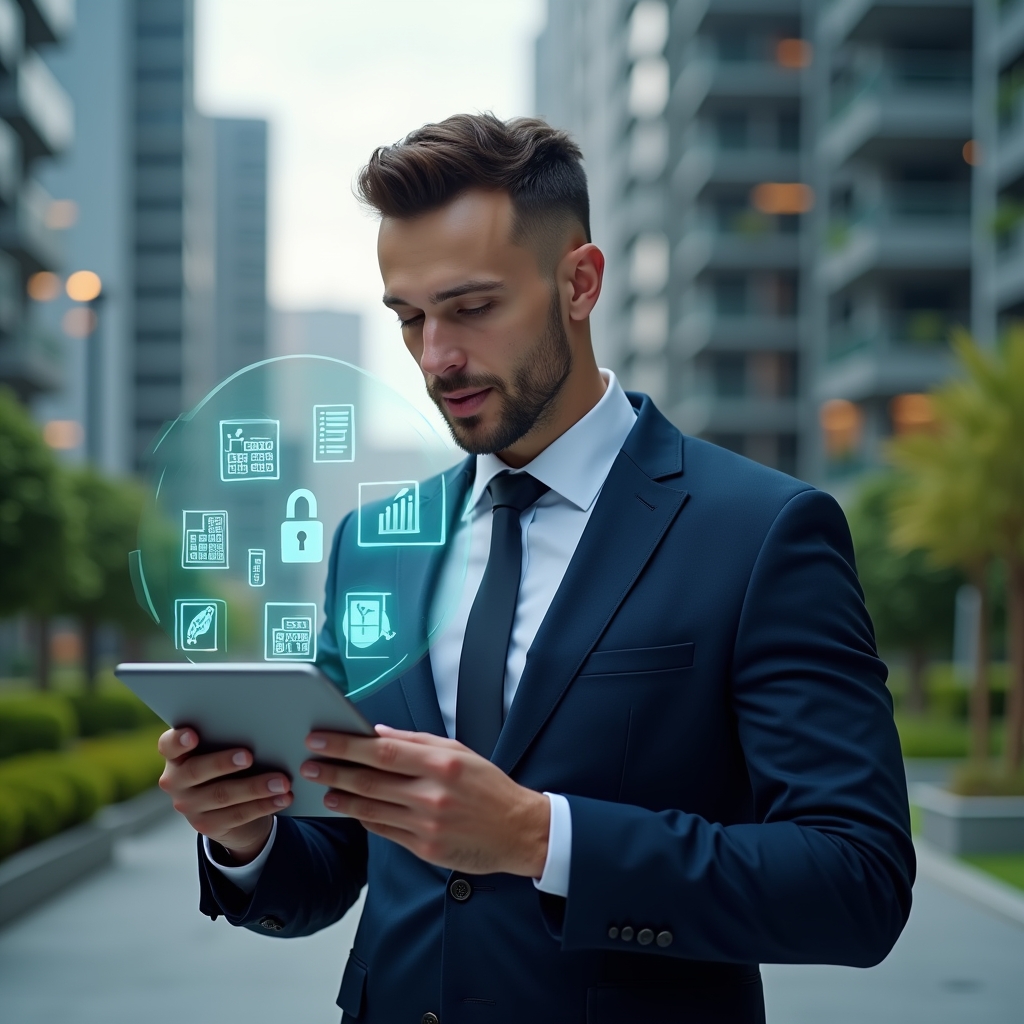 Ultra-realistic condominium manager in a dark blue suit, holding a tablet displaying holographic icons of a booking calendar, financial charts, security lock and chat bubbles, set in a modern luxury condominium environment with high-rise buildings and lush green landscaping, analyzing data with a confident, focused expression, cinematic lighting, shallow depth of field, highly detailed textures, realistic skin, photographic realism, 8k resolution --ar 1:1 --v 6