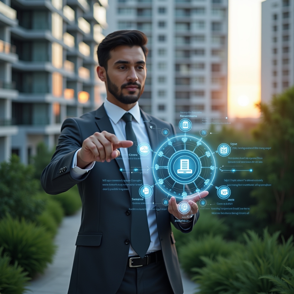 (Ultra-realistic condominium manager in a charcoal gray suit, set in a modern luxury condominium environment with high-rise buildings and meticulously maintained green landscaping, confidently pointing at a floating holographic interface displaying icons for messaging, billing, reservations, maintenance, access control, voting, financial reports, document library, task scheduler and analytics, cinematic lighting, shallow depth of field, highly detailed textures, realistic skin, photographic realism, 8k resolution --ar 1:1 --v 6)