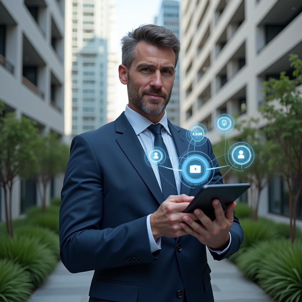 (Ultra-realistic property manager in a dark blue suit, set in a modern luxury condominium environment with high-rise buildings and manicured green landscaping, holding a tablet and interacting with floating holographic icons for communication, finance and security, confident expression, cinematic lighting, shallow depth of field, highly detailed textures, realistic skin, photographic realism, 8k resolution --ar 1:1 --v 6)