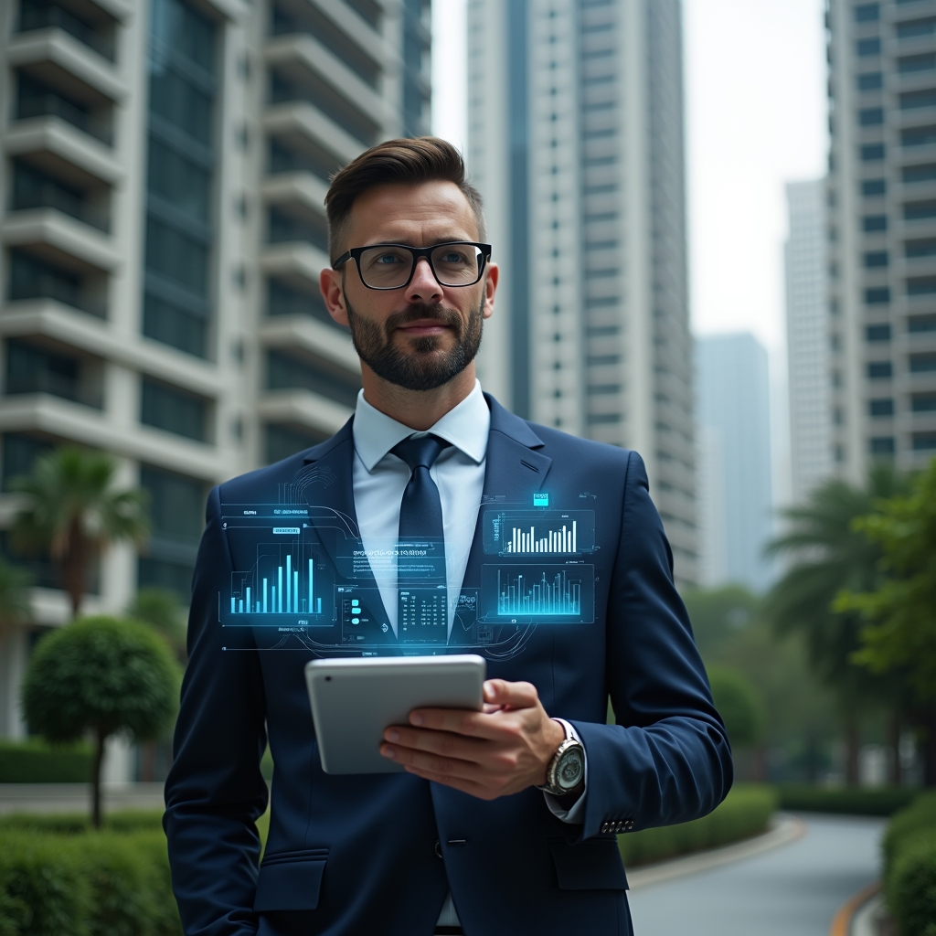 (Ultra-realistic condominium manager in a navy executive suit, set in a modern luxury condominium environment with high-rise buildings and meticulously landscaped greenery, holding a tablet displaying holographic icons of financial charts, chat bubbles and reservation calendars, confidently analyzing data for efficient process acceleration and transparent accounting, cinematic lighting, shallow depth of field, highly detailed textures, realistic skin, photographic realism, 8k resolution --ar 1:1 --v 6)