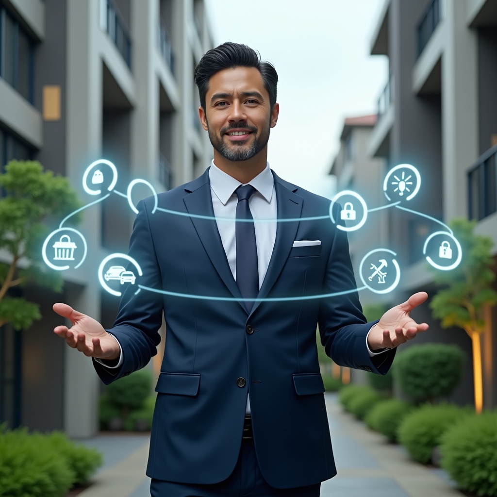 Ultra-realistic condominium manager in a navy business suit, set in a modern luxury condominium environment with high-rise buildings and lush green landscaping, mid-shot of a confident professional interacting with floating holographic icons representing finance, calendar, chat, visitor access, and space reservations, cinematic lighting, shallow depth of field, highly detailed textures, realistic skin, photographic realism, 8k resolution --ar 1:1 --v 6
