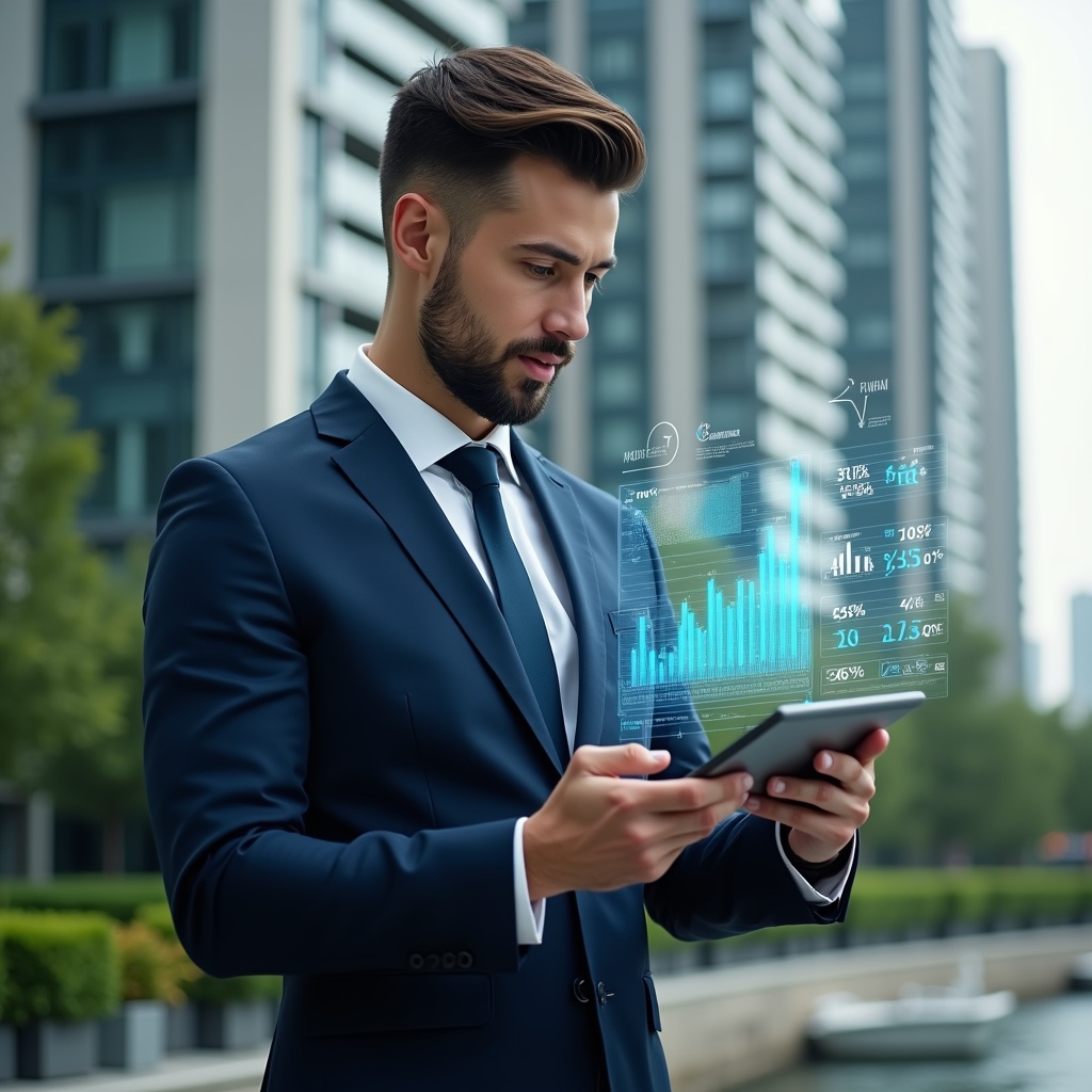 (Ultra-realistic condominium manager in a navy executive suit, set in a modern luxury condominium environment with high-rise buildings and lush green landscaping, holding a digital tablet displaying holographic financial charts and KPI icons, analyzing data with a focused, confident expression, symbolic floating graphs and percentage icons around, cinematic lighting, shallow depth of field, highly detailed textures, realistic skin, photographic realism, 8k resolution --ar 1:1 --v 6)