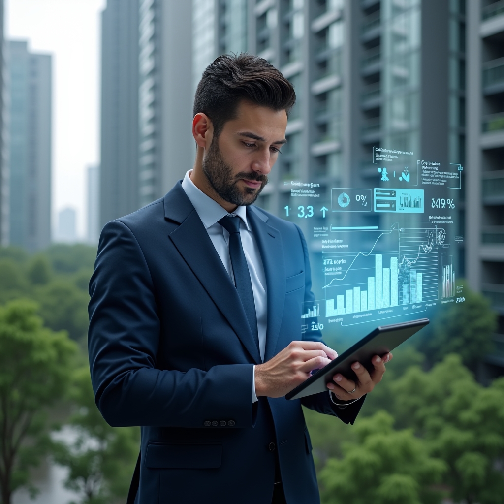 Ultra-realistic condominium manager in a dark blue suit, set in a modern luxury condominium environment with high-rise buildings and lush green landscaping, analyzing holographic KPI charts projected from a tablet, holographic icons for financial, maintenance, and resident satisfaction metrics floating around, confident and focused expression, cinematic lighting, shallow depth of field, highly detailed textures, realistic skin, photographic realism, 8k resolution --ar 1:1 --v 6