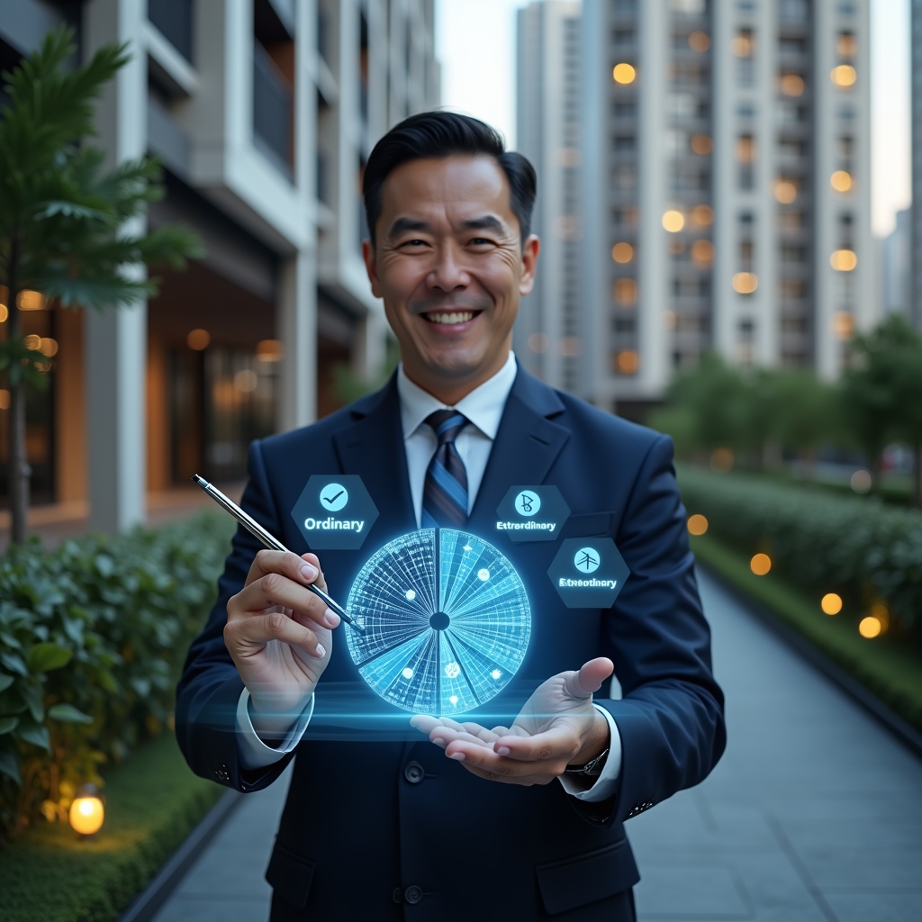 (Ultra-realistic condominium manager in a navy suit, set in a modern luxury condominium environment with high-rise buildings and meticulously landscaped gardens, holding a digital holographic pie chart separated into two segments labeled “Ordinary” and “Extraordinary,” pointing at the sections with a stylus, holographic icons of coins and invoices floating around, confident and focused expression, cinematic lighting, shallow depth of field, highly detailed textures, realistic skin, photographic realism, 8k resolution --ar 1:1 --v 6)