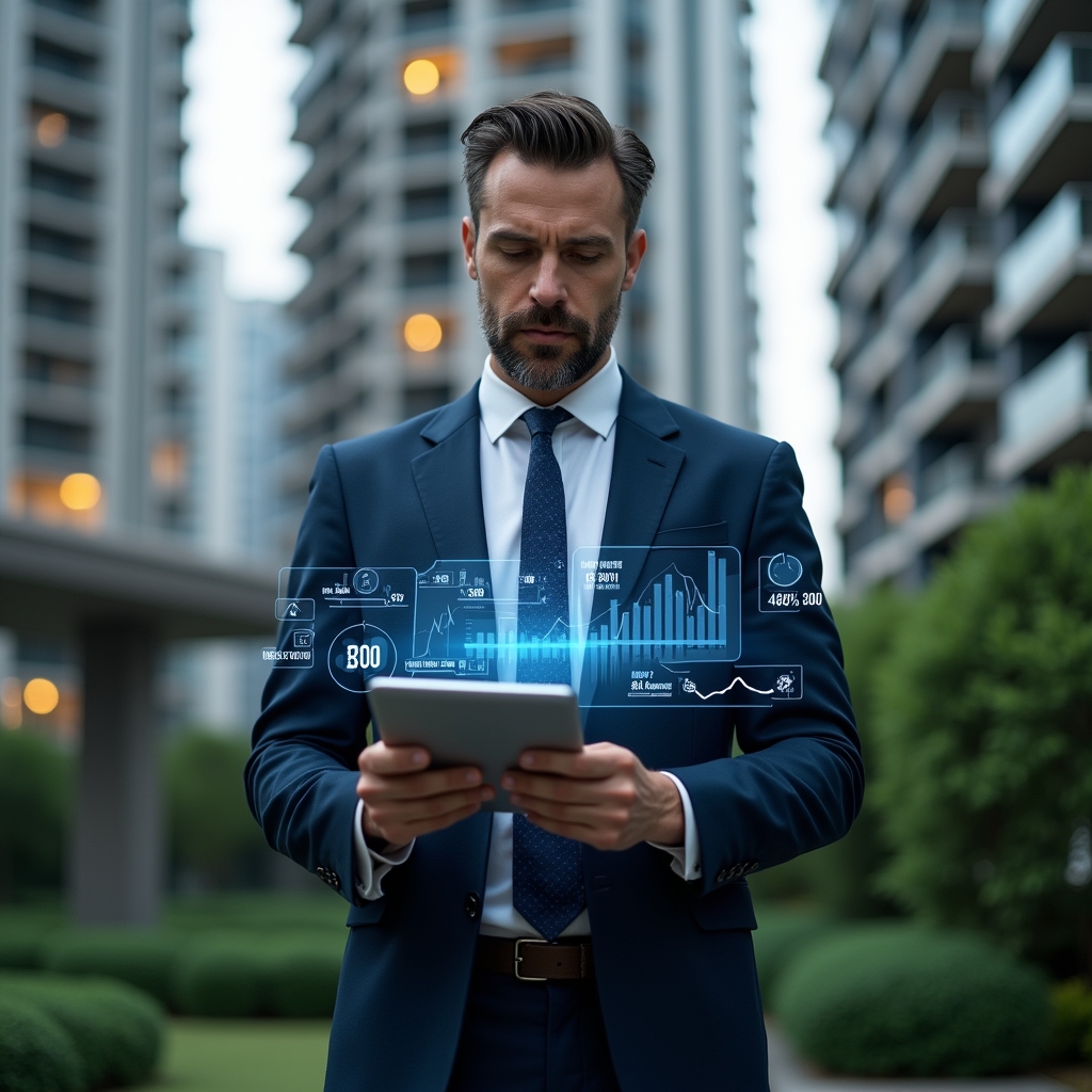 Ultra-realistic condominium property manager in a navy executive suit, set in a modern luxury condominium environment with high-rise buildings and lush green landscaping, holding a tablet and analyzing holographic financial charts, floating graph icons and currency symbols around, confident and focused expression, cinematic lighting, shallow depth of field, highly detailed textures, realistic skin, photographic realism, 8k resolution --ar 1:1 --v 6