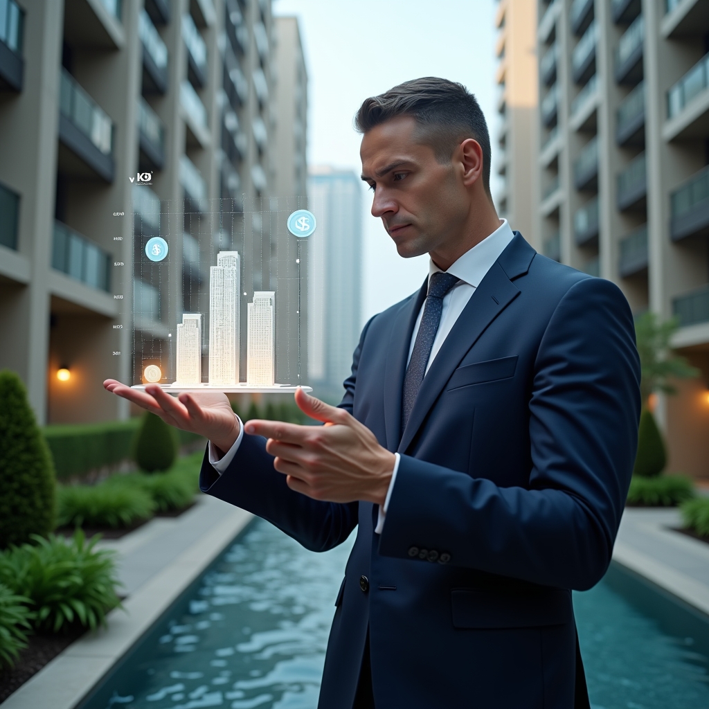 (Ultra-realistic condominium manager in a navy executive suit, set in a modern luxury condominium environment with high-rise buildings and manicured green landscaping, examining a floating holographic financial chart with building and coin icons, confident and focused expression, cinematic lighting, shallow depth of field, highly detailed textures, realistic skin, photographic realism, 8k resolution --ar 1:1 --v 6)