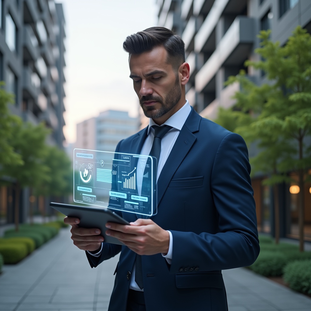 Ultra-realistic condominium manager in a navy blue executive suit, set in a modern luxury condominium environment with high-rise buildings and green landscaping, holding a digital tablet and interacting with a holographic dashboard displaying finance charts, chat bubbles, and maintenance tools, confident and focused expression, cinematic lighting, shallow depth of field, highly detailed textures, realistic skin, photographic realism, 8k resolution --ar 1:1 --v 6