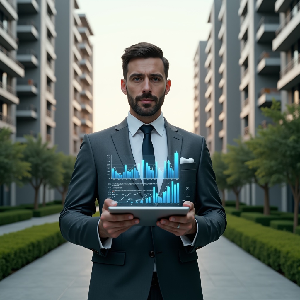(Ultra-realistic condominium manager in a tailored dark gray suit, set in a modern luxury condominium environment with high-rise buildings and manicured green landscaping, mid-shot of a confident male professional holding a digital tablet displaying floating holographic financial charts and report icons, cinematic lighting, shallow depth of field, highly detailed textures, realistic skin, photographic realism, 8k resolution --ar 1:1 --v 6)