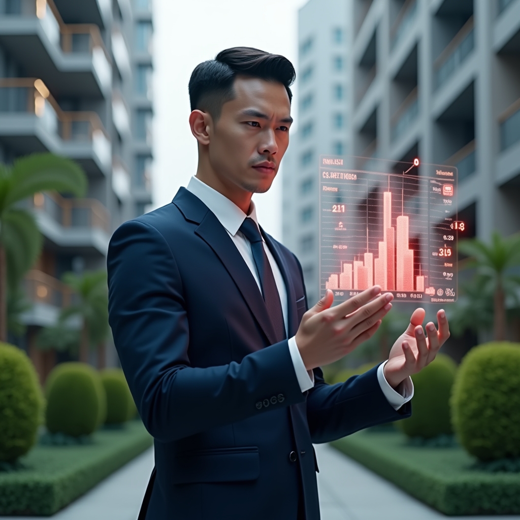 (Ultra-realistic condominium manager in a dark blue suit, set in a modern luxury condominium environment with high-rise buildings and manicured green gardens in the background, mid shot with a focused and serious expression analyzing floating holographic financial charts highlighting red alert icons, symbolizing fraud risks, cinematic lighting, shallow depth of field, highly detailed textures, realistic skin, photographic realism, 8k resolution --ar 1:1 --v 6)