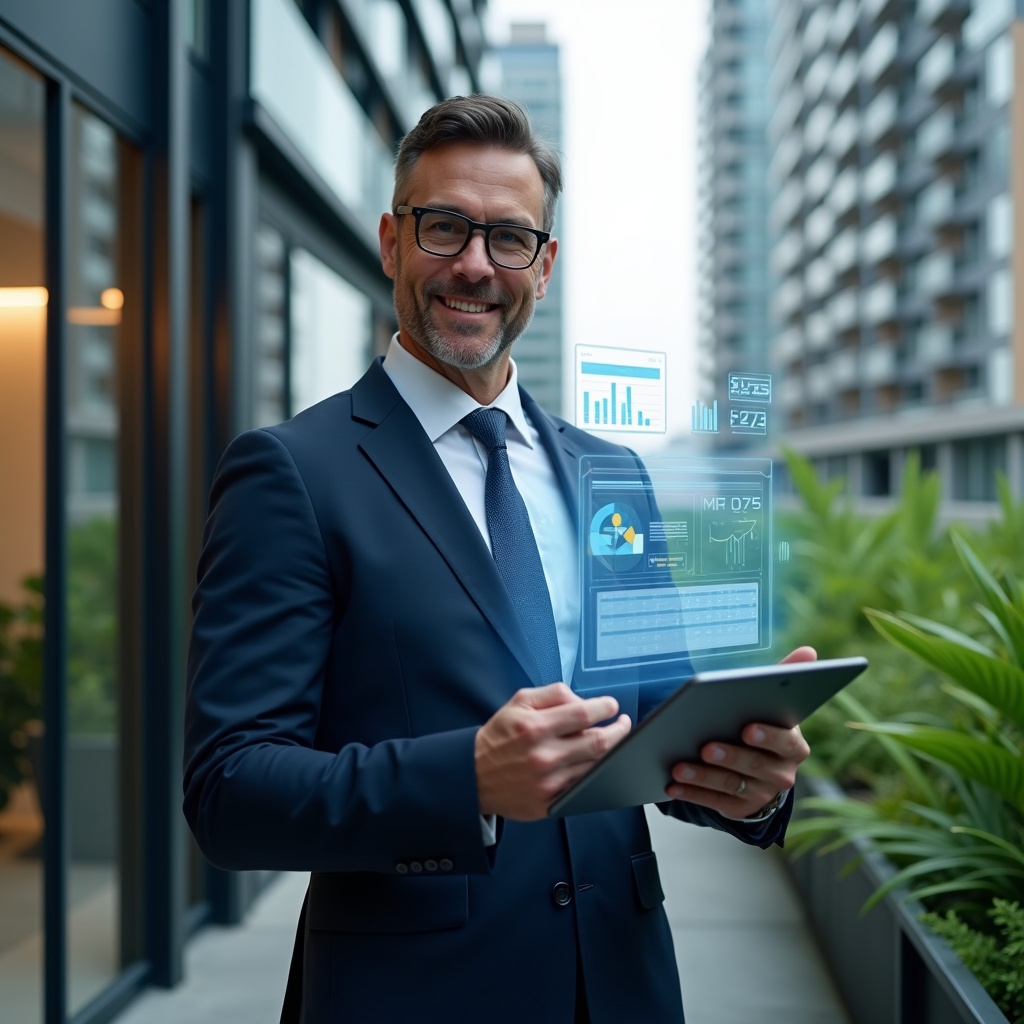 Ultra-realistic condo manager in a tailored navy suit, set in a modern luxury condominium environment with high-rise buildings and lush green landscaping visible through floor-to-ceiling windows, mid-shot of a confident professional holding a sleek tablet displaying floating holographic financial charts and digital reports, cinematic lighting, shallow depth of field, highly detailed textures, realistic skin, photographic realism, 8k resolution --ar 1:1 --v 6