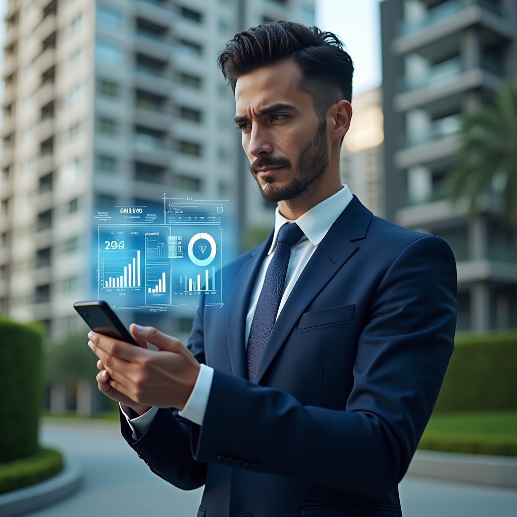 (Ultra-realistic condominium manager in a navy blue suit, set in a modern luxury condominium environment with high-rise buildings and lush green landscaping, interacting with a floating holographic condominium management app dashboard displaying charts and icons, holding a smartphone hologram, confident and focused expression, cinematic lighting, shallow depth of field, highly detailed textures, realistic skin, photographic realism, 8k resolution --ar 1:1 --v 6)