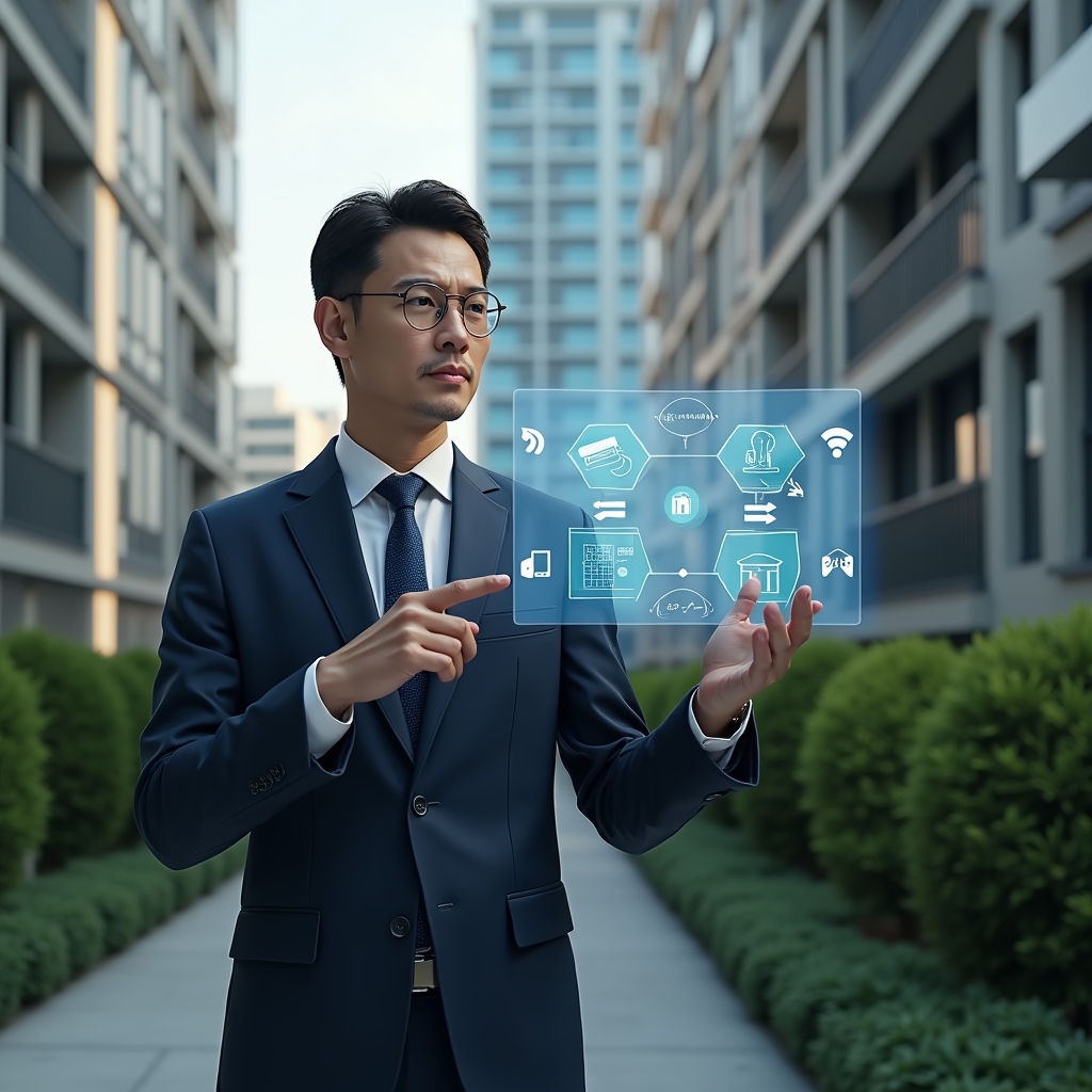 Ultra-realistic condominium manager in a tailored navy suit, set in a modern luxury condominium environment with high-rise buildings and manicured green landscaping, medium shot of a confident professional gesturing toward a hovering holographic interface displaying icons of lighting control, gate access and security cameras, cinematic lighting, shallow depth of field, highly detailed textures, realistic skin, photographic realism, 8k resolution --ar 1:1 --v 6